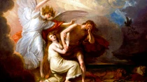 Expulsiu00f3n de Adu00e1n y Eva del Parau00edso. Pintura de Benjamin West (1791)