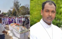 Exequias y retrato del P, Donald Martin Ye Naing Win, asesinado en Myanmar este 14 de febrero.
